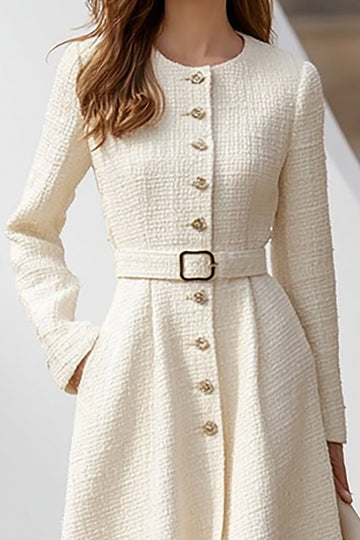 Elegant A-Line Ivory Long Sleeve Work Dress With Belt